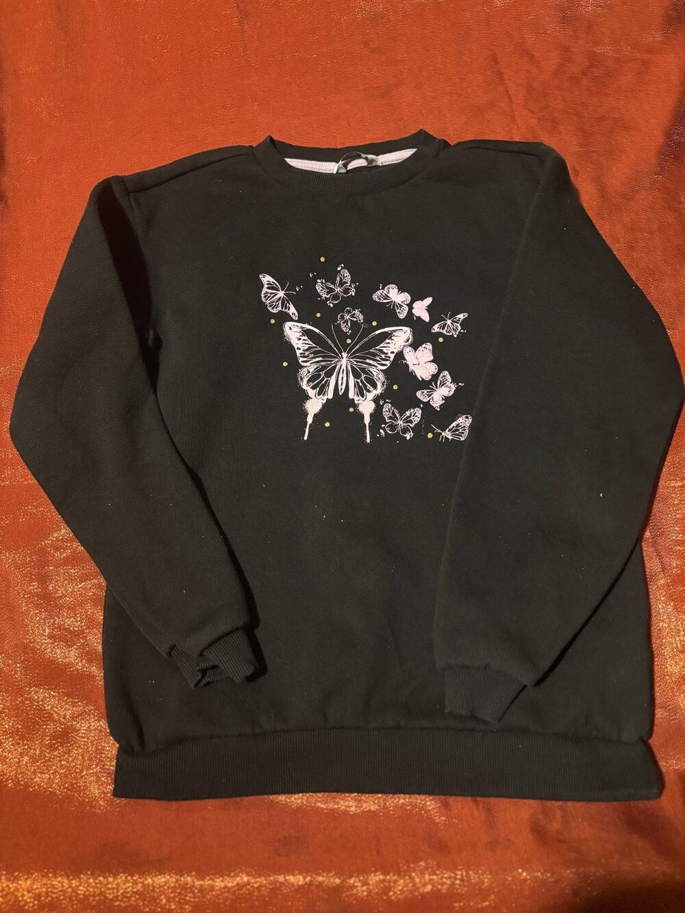 Primark Sweatshirt Girls 12-13Y Butterfly Graphic Black Crewneck Long Sleeve